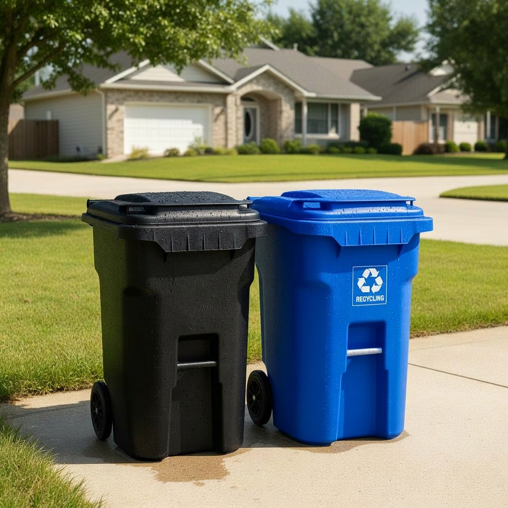 A freshly cleaned black garbage bin standing next to a blue recycling bin on a sunny driveway